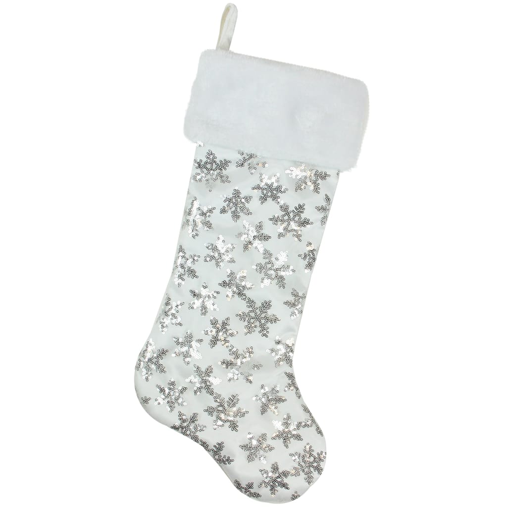 19 White and Silver Sequin Snowflake Christmas Stocking - 19"
