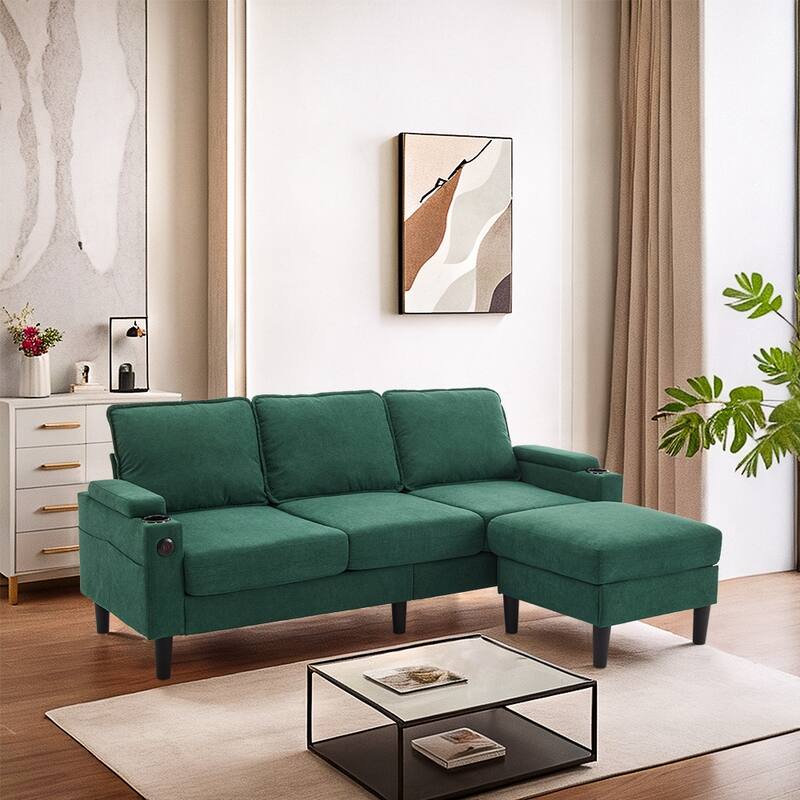 Compact 3-Seat Sofa with Storage Ottoman, L-Shaped Couch with Stool