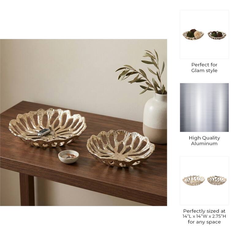 Decorative Bowl with Openwork Flower Design - Set of 2, 12", 14", Gold - 14.0"