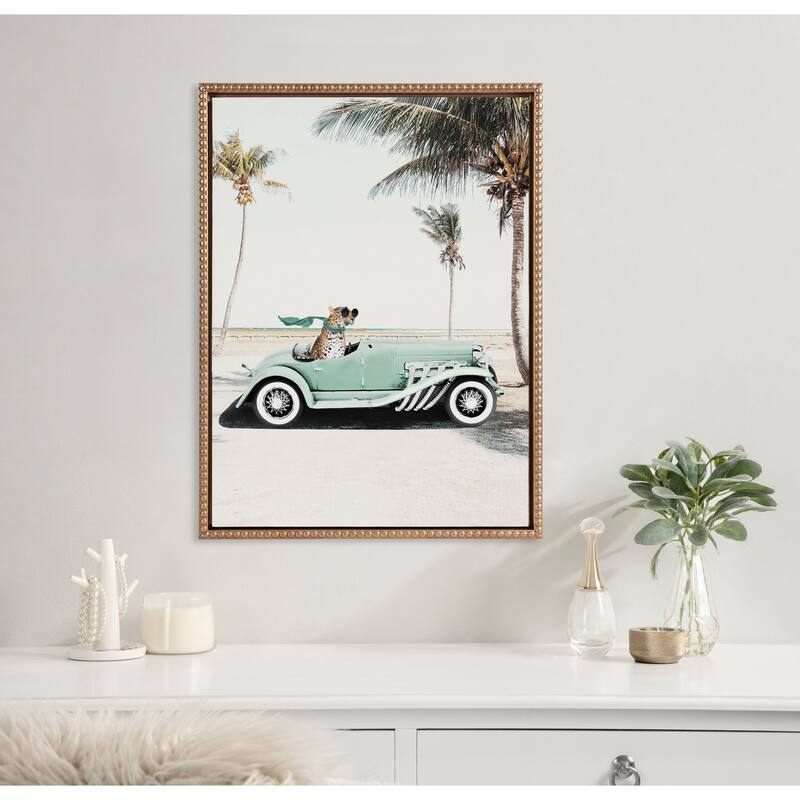 Kate and Laurel Sylvie Beaded Leopard in Car Beach Palms Framed Canvas by July Art Prints