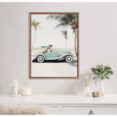 Kate and Laurel Sylvie Beaded Leopard in Car Beach Palms Framed Canvas by July Art Prints