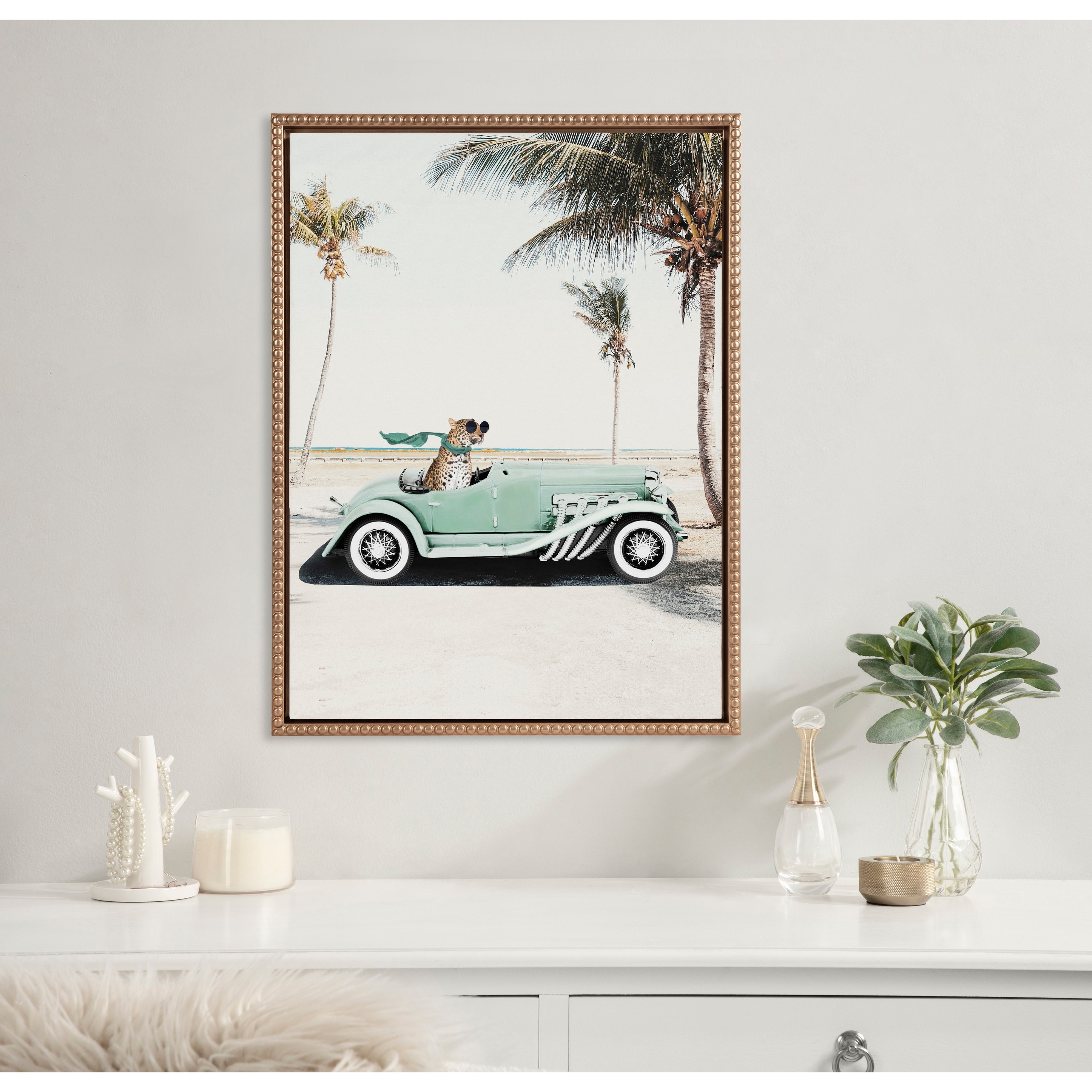 Kate and Laurel Sylvie Beaded Leopard in Car Beach Palms Framed Canvas by July Art Prints
