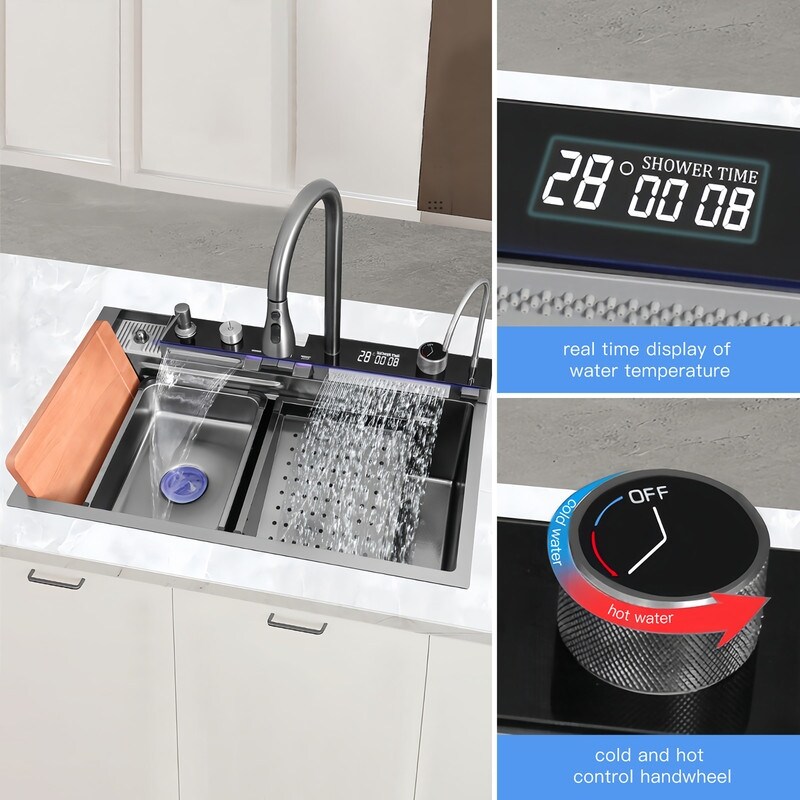 Waterfall Kitchen Sink Black Stainless Steel Single Bowl Kitchen Sinks - 29.5x18.1x8.26in
