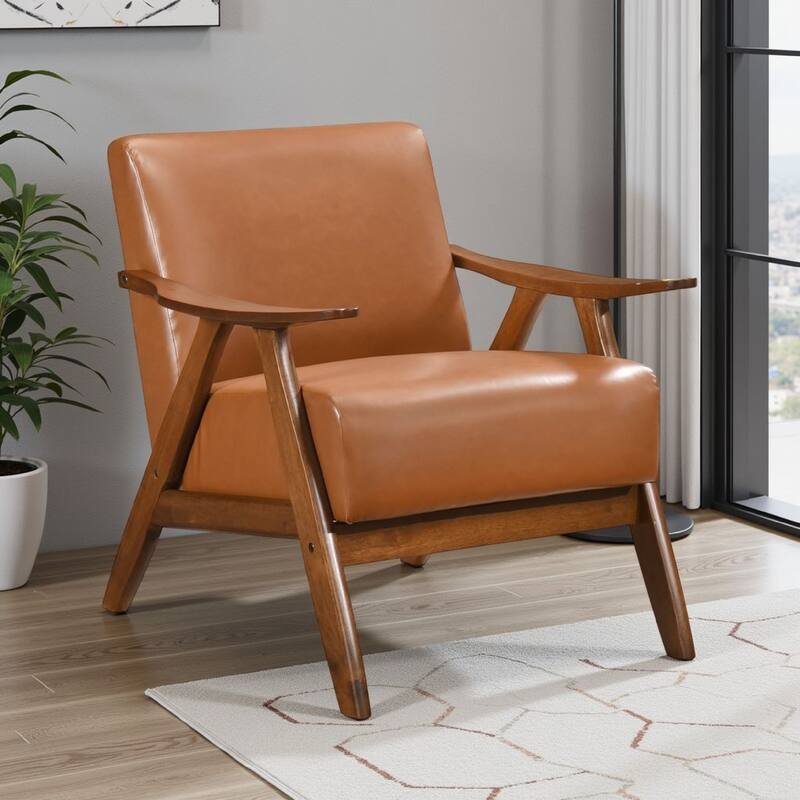 Indy Accent Club Armchair, Matte Brown Faux Leather, Solid Rubberwood