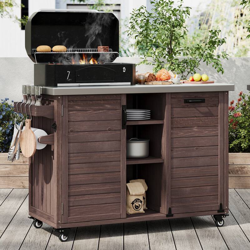 78.3" Outdoor Kitchen Island with Foldable Grill Table, Trash Can Storage & Stainless Steel Top