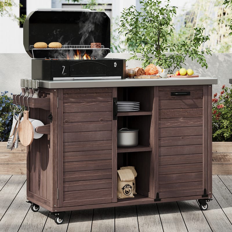 Rossetta Outdoor Unique Foldable Table Design Wooden Kitchen Island with Hidden Tilt-Out Space for Trash - Dark Brown