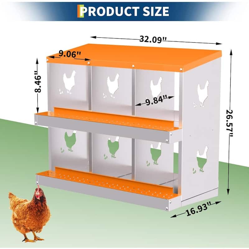 6 Compartment Metal Chicken Nesting Box, Laying Box for Hens Ducks Rabbits, Orange