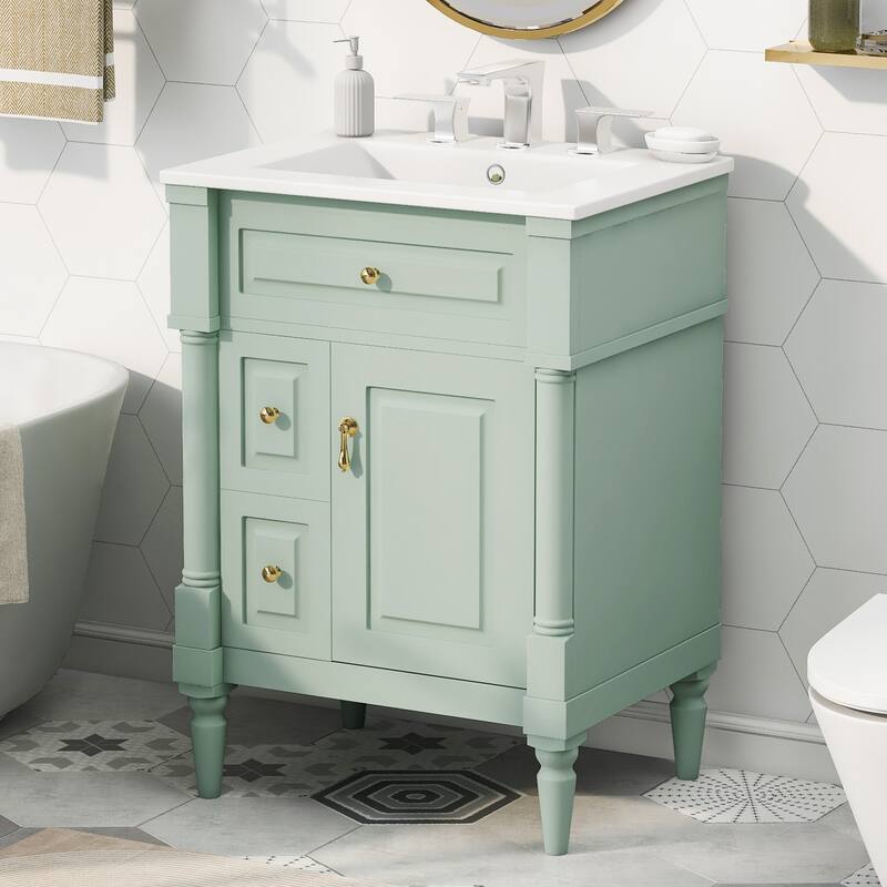 Roomfitters 24" Bathroom Vanity with Sink, Solid Wood Frame, Flip Drawer, 2 Drawers & Door Rack - Green