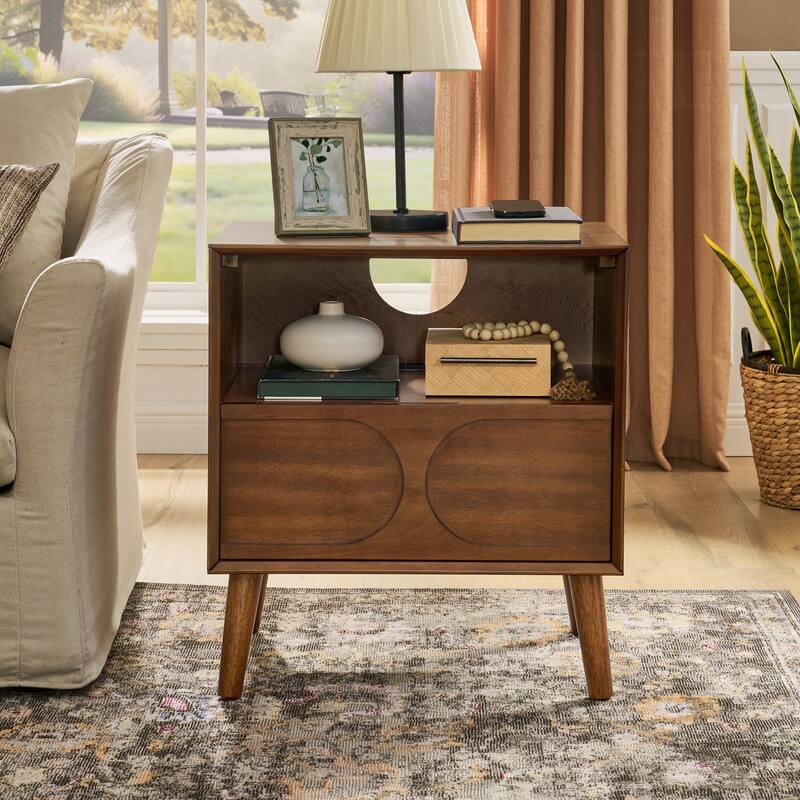 Fluted Nightstand with Charging Station USB Ports & Outlet Hole & 4 Wood Legs,End Table with Open Space and Drawer Dresser - Walnut Brown