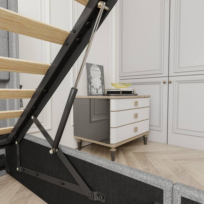 Wingback Upholstered Bed Low Profile Platform Bed Frame with USB Ports, Side Pockets and Hydraulic Lifting Storage