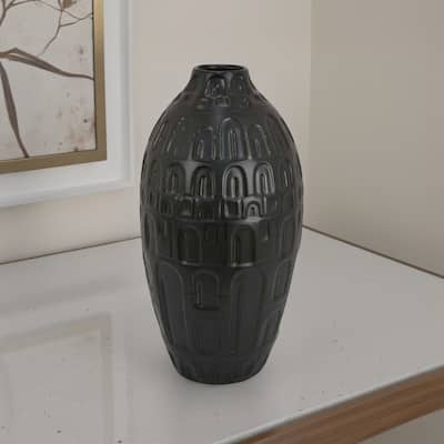 Sheena Vase, Black Ceramic, Narrow Mouth and Embossed Pattern, 17 Inch