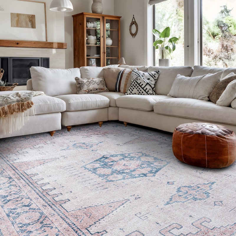 World Rug Gallery Vintage Bohemian Machine Washable Non Slip Area Rug - 6' x 9' - Beige - Rectangle