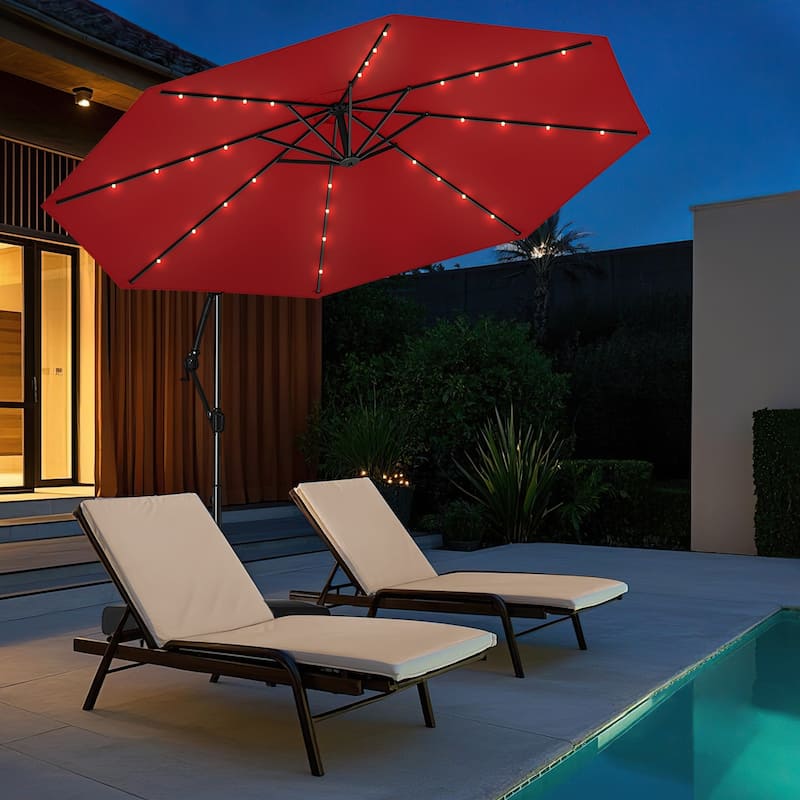 Large 10 Feet Patio Offset Umbrella with Stable Crossed Base and Solar LED Lights for Outdoor