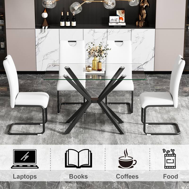 47.24" Rectangular Clear Tempered Glass Dining Table,Stylish Design with Metal Legs, Kitchen Table for Dining Room