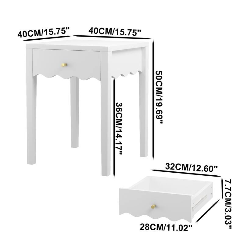 White Nightstand with Drawer, Modern Bedside Table with Wavy Apron Design, Compact End Table, Small Side Table with Storage