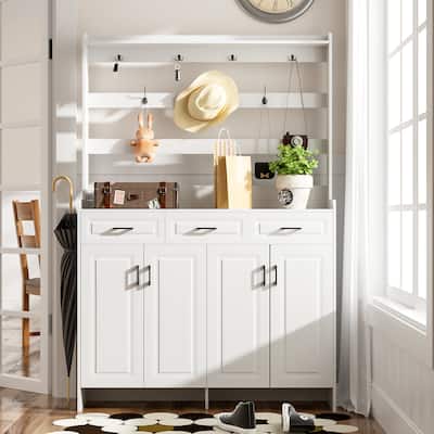 4 Door Shoe Cabinet with Coat Rack, Multi-Functional Shoe Rack with 3 Drawers, 8 Shelves, Entryway Wood Storage Console