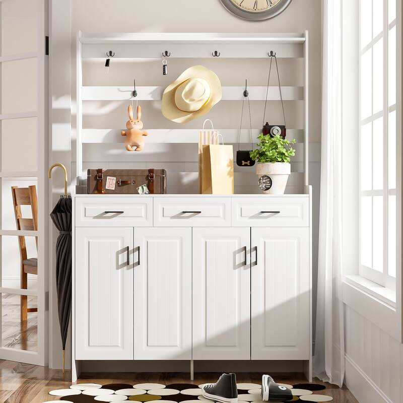Shoe and Coat Cabinet with Drawers Shelves and Metal Hooks - 51.2" D x 13.8" W x 78.7" H