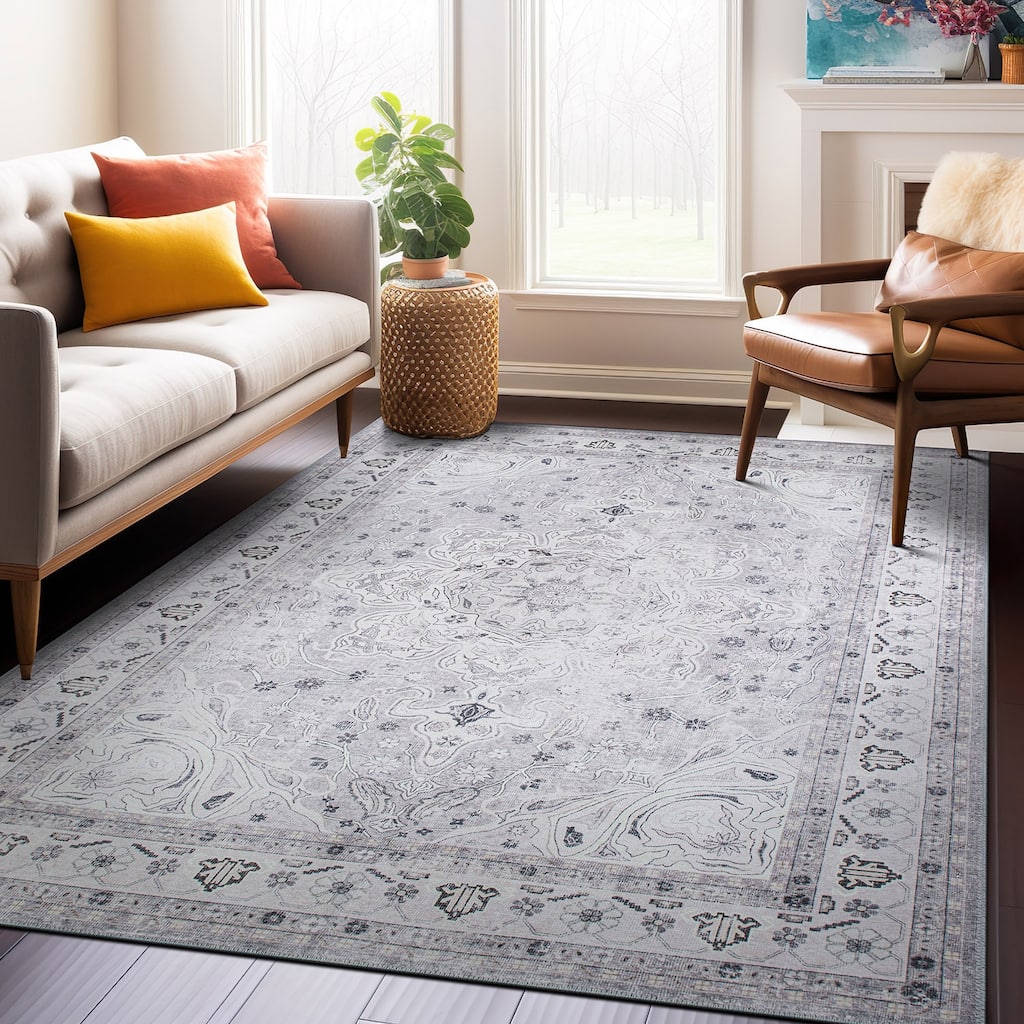 Transitional Medallion Machine Washable Area Rug