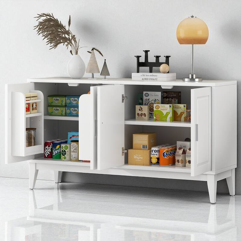 60" 4-Door Sideboard Buffet Cabinet with Adjustable Shelves and Cable Holes, Rubber Wood Storage Console