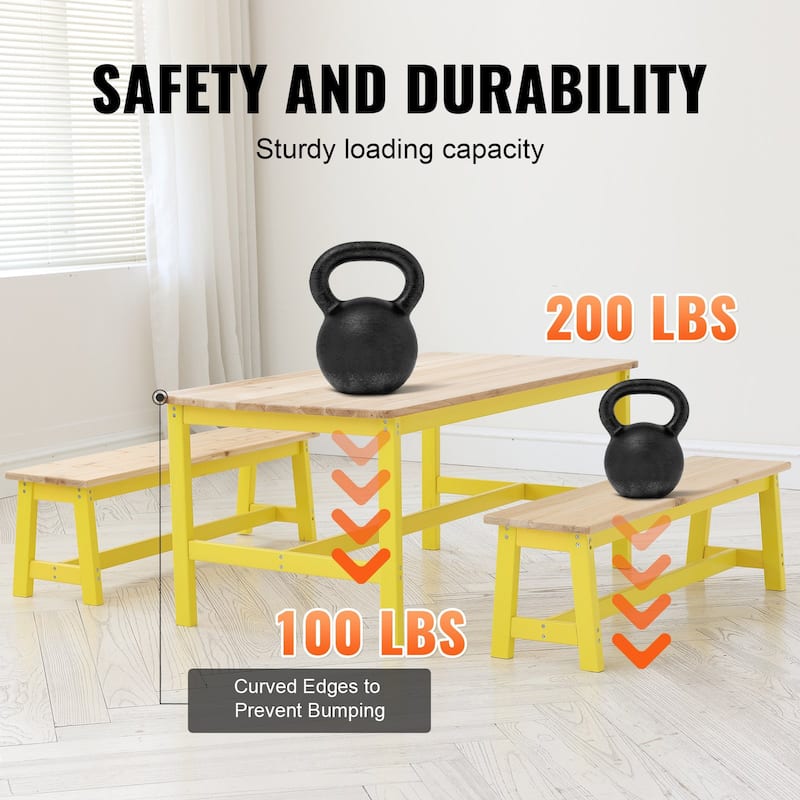3 Pieces Rectangular Kids Wooden Activity Table and Bench Set Suitable Playroom Daycare or Tutoring Center