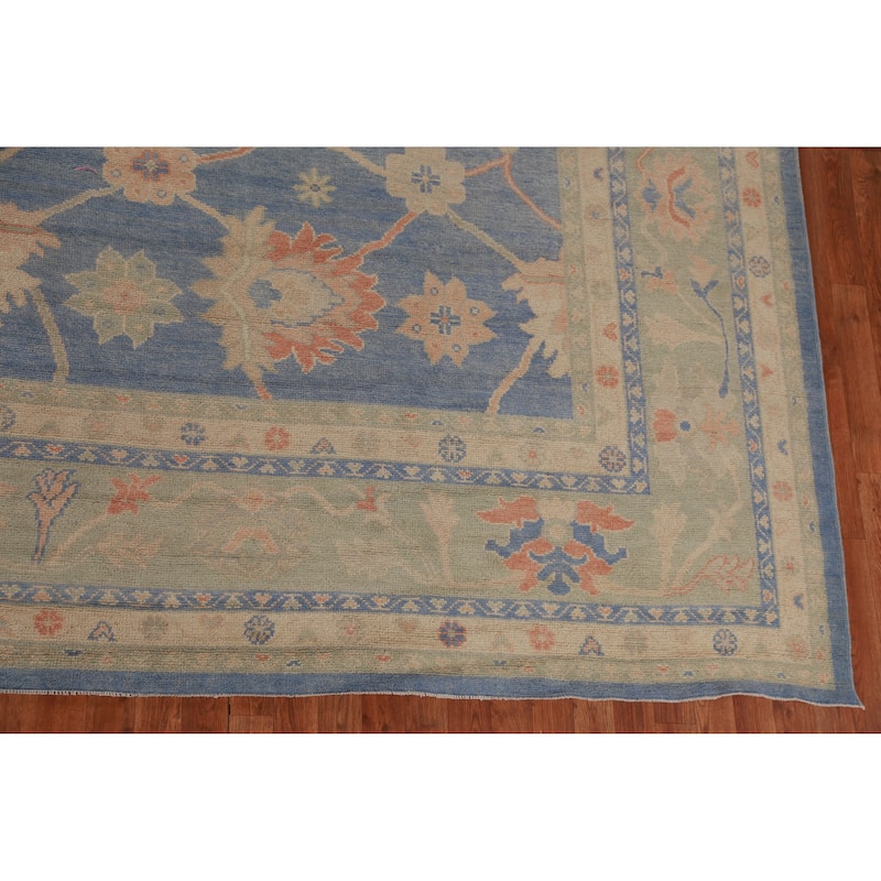 Hand Knotted Oriental 100% Wool Carpet Transitional All-Over Navy Blue & Blues Oushak Area Rug - 14' 11'' X 12' 1''
