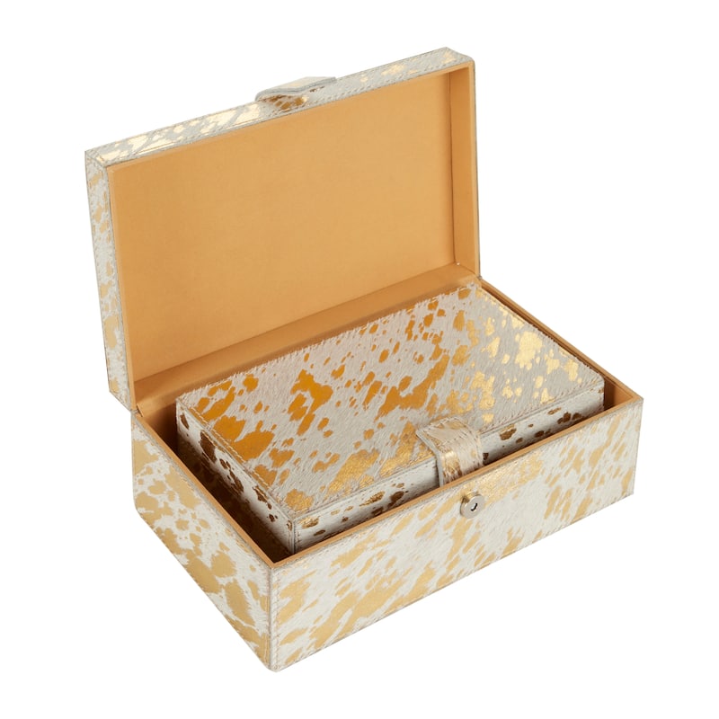Gray, Silver or Gold Leather Handmade Cowhide Storage Box with Silver Foil Accents (Set of 2)