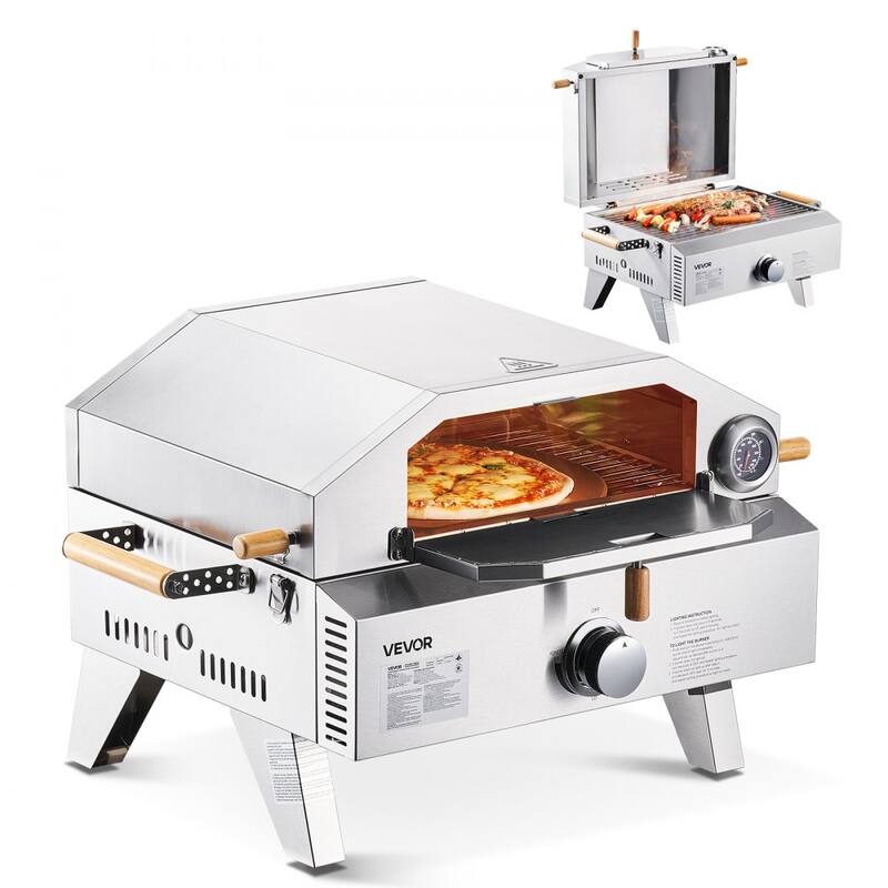 Gas-Powered Outdoor Pizza Oven with 13-Inch Stone and BBQ Grill for Home and Patio Cooking - 28.2 x 19.3 x 16.9 in