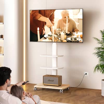 FITUEYES Rolling TV Stand for 32-70 Inch TVs with Power Strip, Height Adjustable with Wheels Wood Base Hold up to 88 lbs