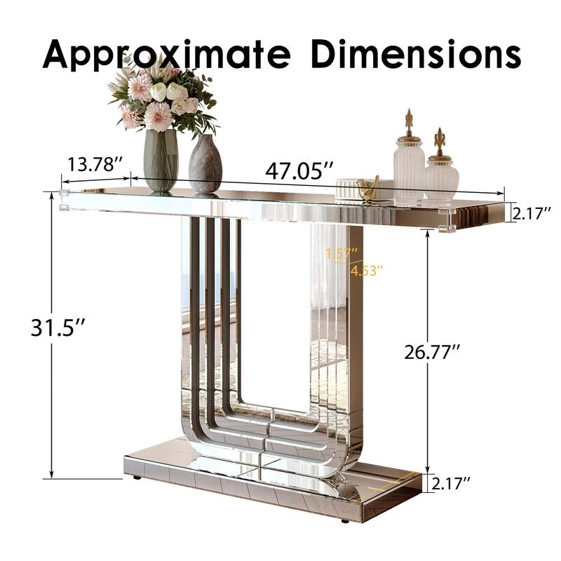Roomfitters 47" Mirrored Console Table, Silver Entryway Table with U-Shaped Base & Hand-Spliced Line Design