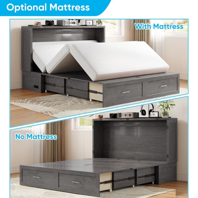 Mixoy Queen Modern Murphy Bed Chest with Mattress,Storage Drawer,Charging Station