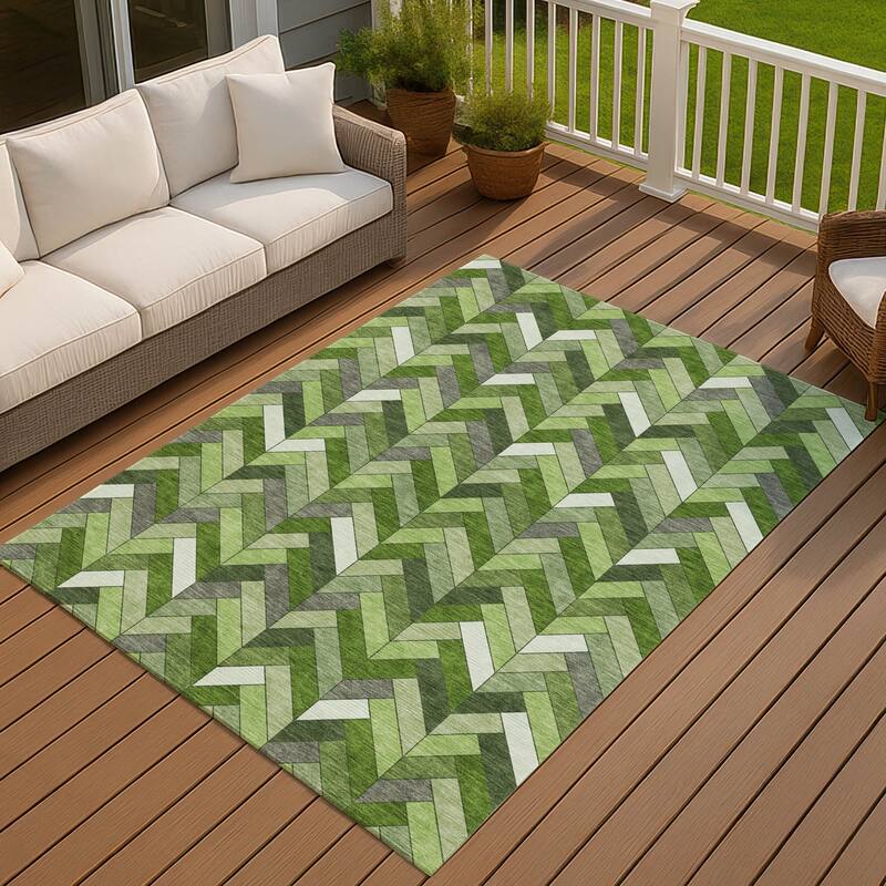Machine Washable Indoor/ Outdoor Modern Chevron Chantille Rug - Olive - 3' x 5'