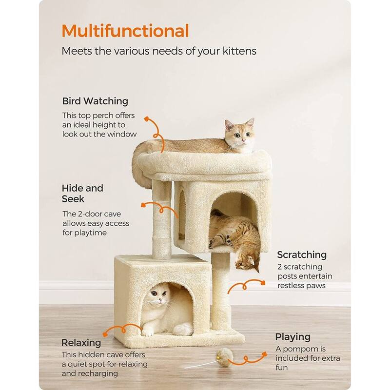 Plush Multi-Level Cat Tower with 2 Spacious Cat Caves and Scratching Posts