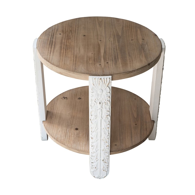 Round Two-Tiered Wooden Side Table with Natural Brown Finish and Distressed White Legs