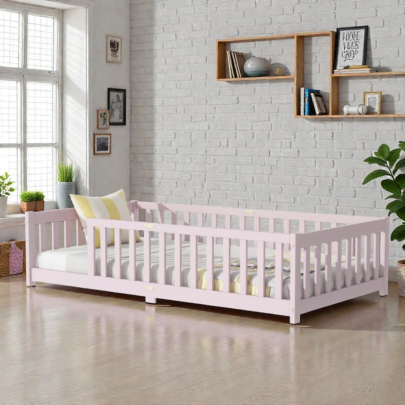 Floor Bed with Fence, Solid Rubber Wood Montessori Floor Bed with Safety Guardrails - Pink - Twin