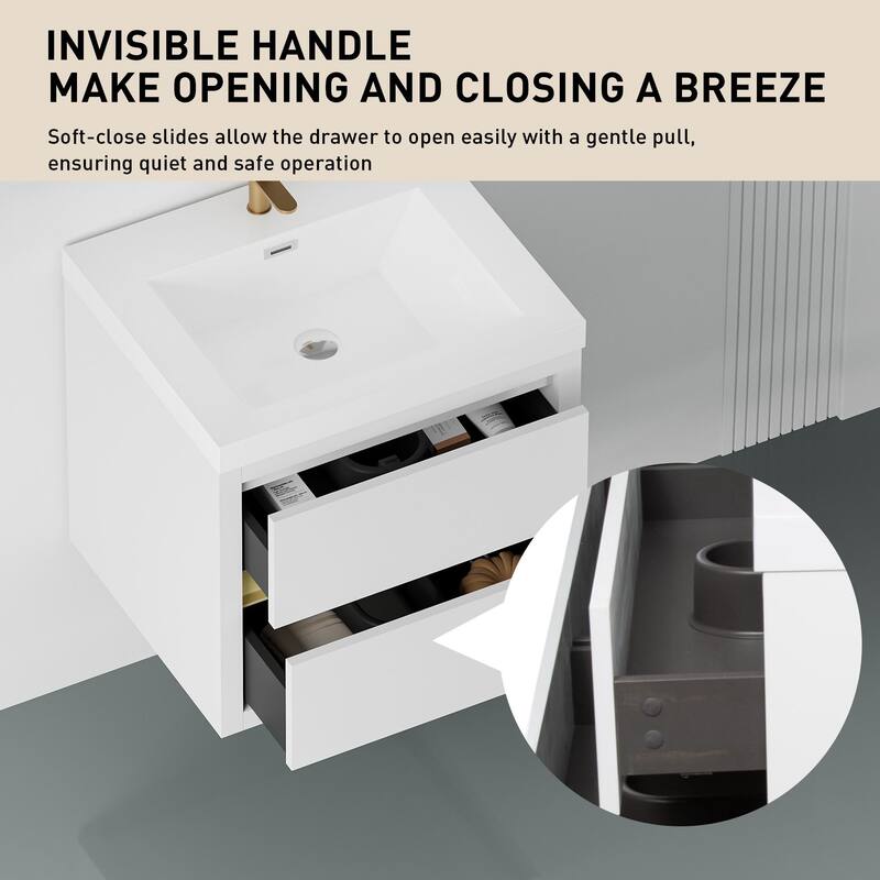 35.5" Glossy White Bathroom Vanity with U-Shape Drain Design, Soft-Close Drawers, and Stone Resin Countertop