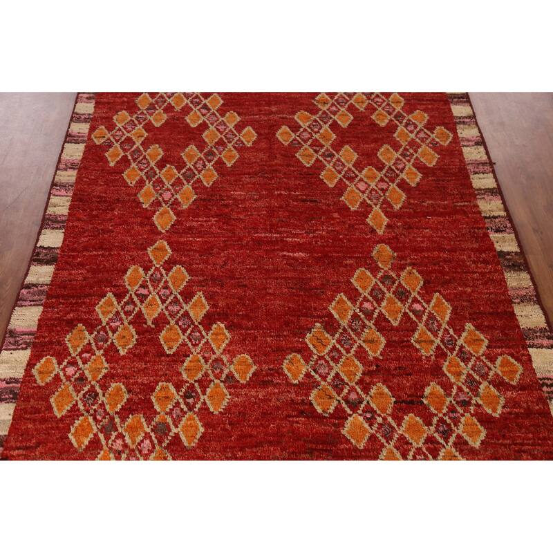 Red Geometric Moroccan Oriental Area Rug Handmade Tribal Wool Carpet - 6'7" x 9'10"