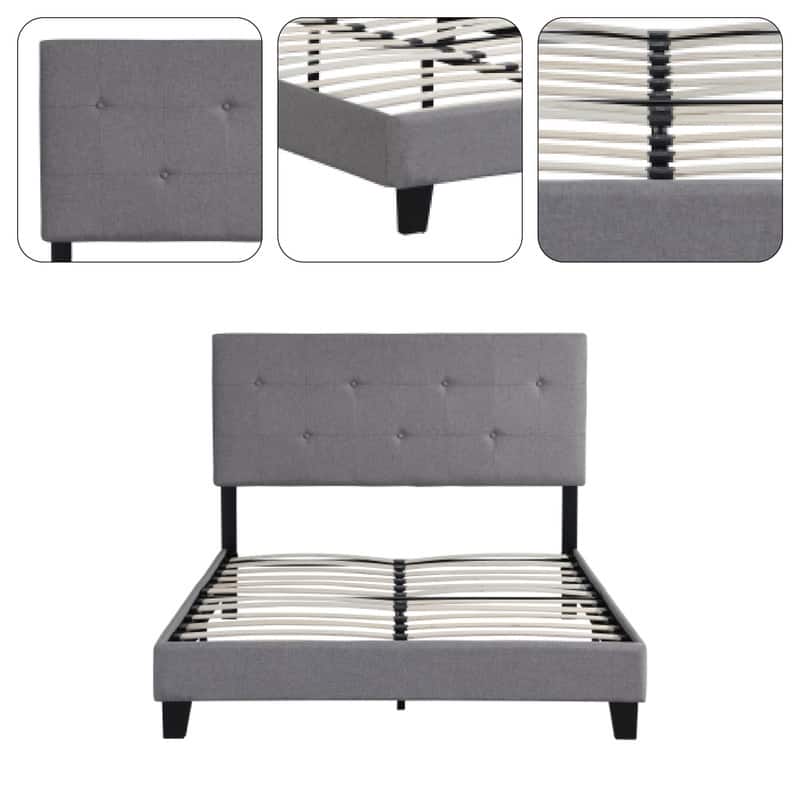 Modern Button platform bed Gray queen headboard Linen bed slats