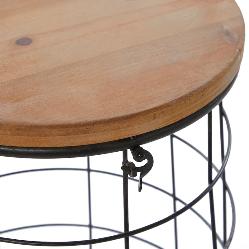 Brown Metal Decorative and Functional Storage Basket with Wood Lids (Set of 3)