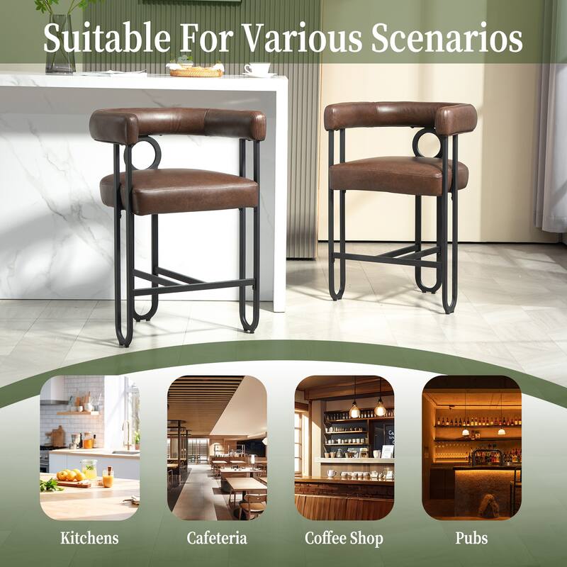 Bar Stools Set of 2, Upholstered Counter Height Stools with Back, Kitchen Island Chairs with Footrest and Metal Frame