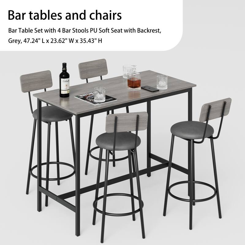 Bar Table and Chairs Set for 4, 5-Piece Rectangle Pub Bistro Table and Stools Set with Backrest, Counter Height Dining Table Set