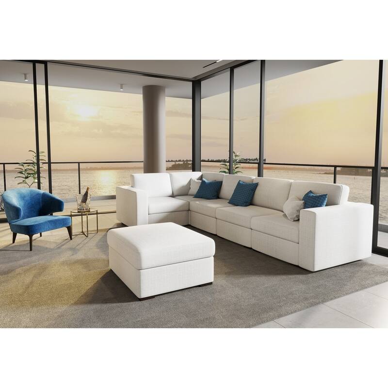 127" Modular U-shaped Linen Sectional Sofa with Movable Otoman