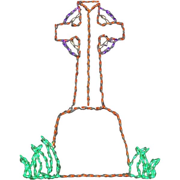 slide 2 of 3, Haunted Hill Farm Halloween Indoor/Outdoor CrossTombstone LED Light (39 in. x 54 in.)