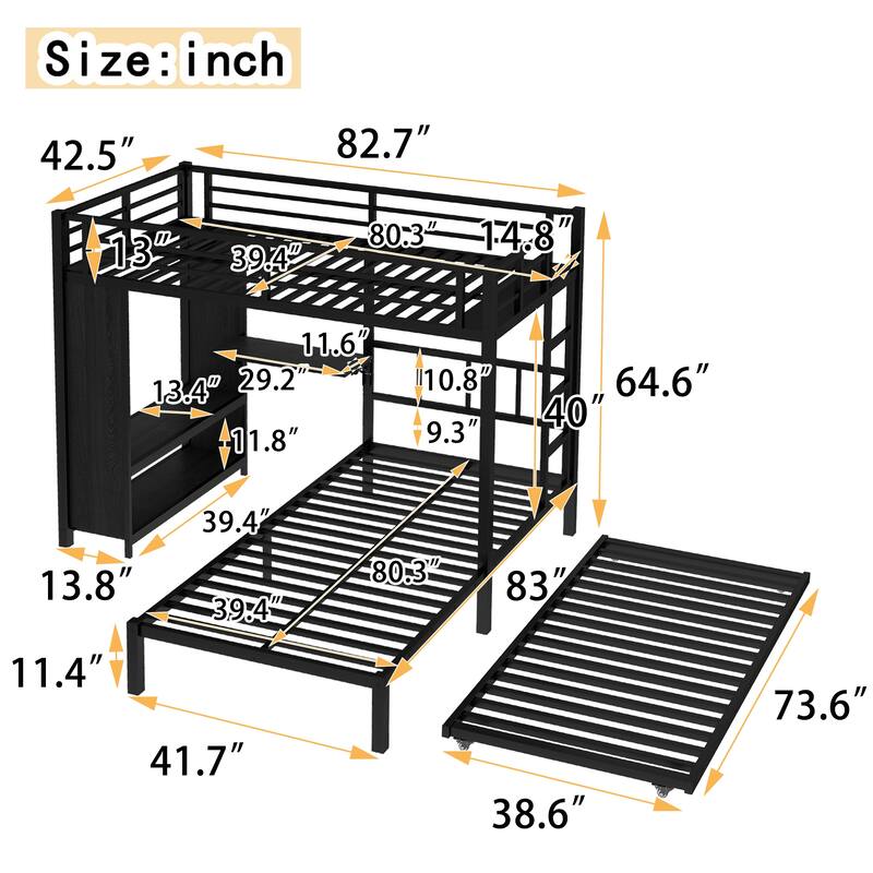 Roomfitters Twin/Full/Queen Metal Bunk Bed with Built-in Wardrobe, Trundle & Foldable Desk, Noise-Reduced Design, Black