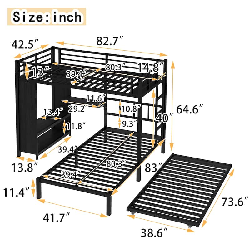 Twin Over Twin Bunk Bed With Built-In Wardrobe,Metal Bunk Bed With Trundle, Foldable Desk, Ladders, Noise-Reduced Design,Black