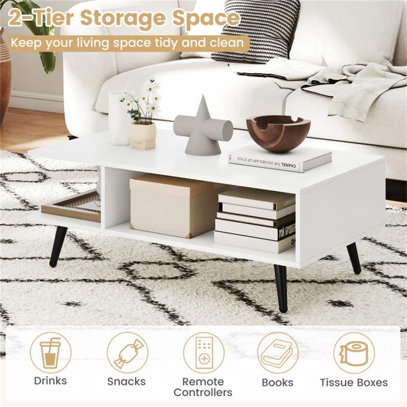 31.5”Long Modern 2-Tier Coffee Table with Open Storage Compartments and Sturdy Metal Legs - 31.5" x 18" x 12"