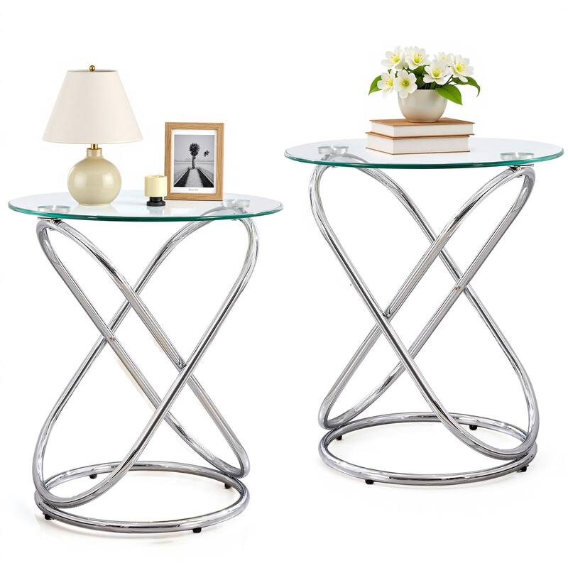 Tempered Glass Round Side/End Table with Metal Legs - 19.7"Dia Top x 21.7"H x 15.6"Dia Base - Silver Leg-Set of 2