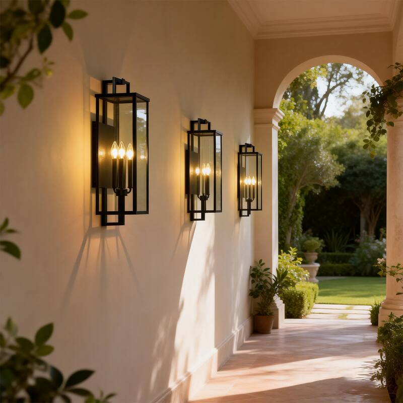 Matte Black Farmhouse Outdoor Wall Lantern Sconce - 3 Variants (16in 1-Light/22in 2-Light/27in 3-Light), Clear Glass, Wet Rated