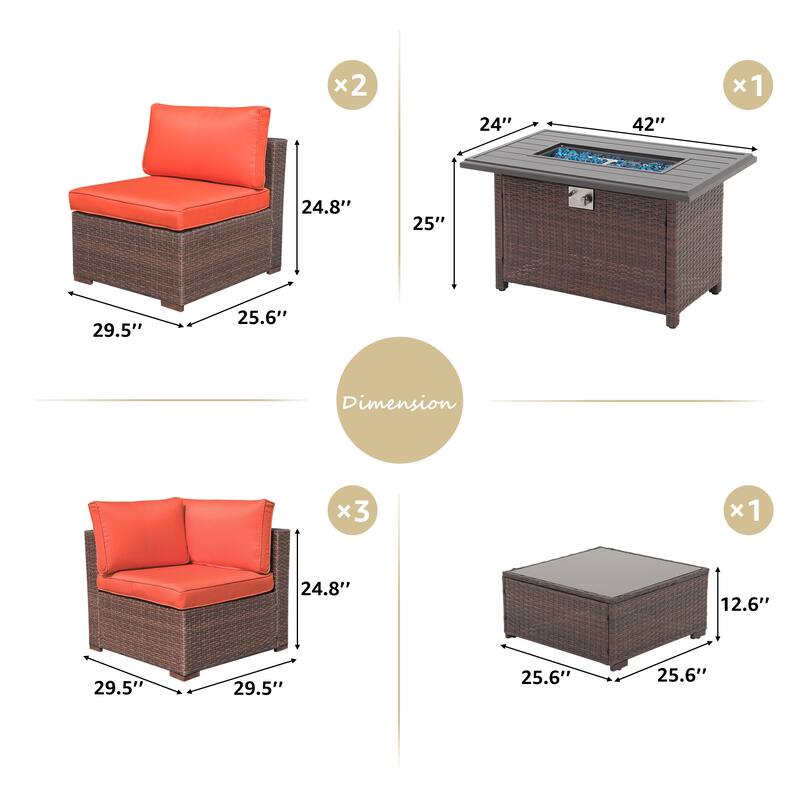 7 Piece Wicker Set Patio Sofa Furniture with Fire Pit And Table