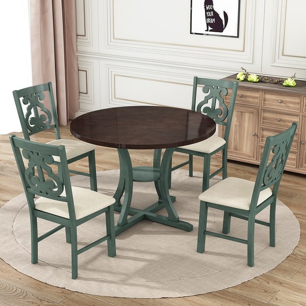 slide 2 of 15, 5-Piece Round Dining Set with Hollow Chair Back Antique Blue/ Dark Brown