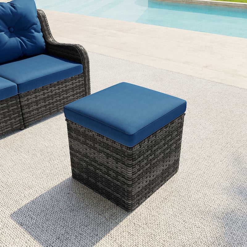 Outdoor 17.7" W Square Rattan Ottoman Patio Ottoman with Seat Cushion - Blue